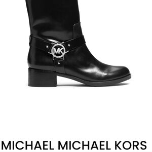 Michael Kors Turner Black Leather Ankle Boots MK Logo Buckle Low Heel NWT Size
